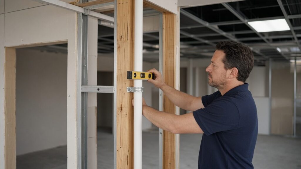 Nick's Plumbing technician checking a vertical PVC pipe with a level in an open commercial wall