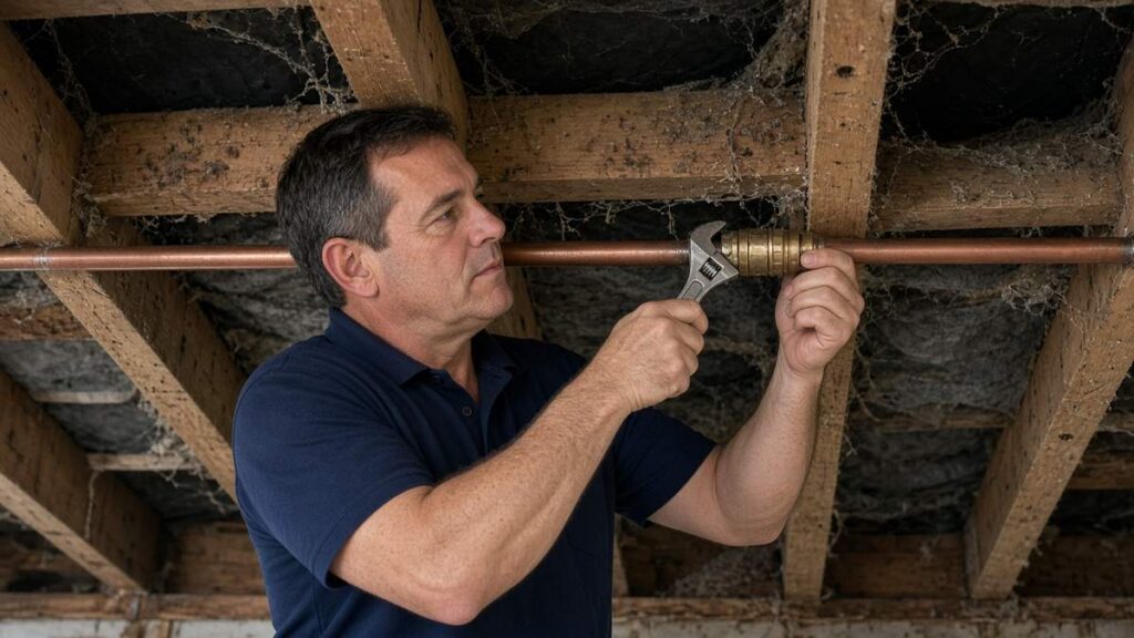 Nick's Plumbing technician tightening a coupling on a copper supply line in an open ceiling