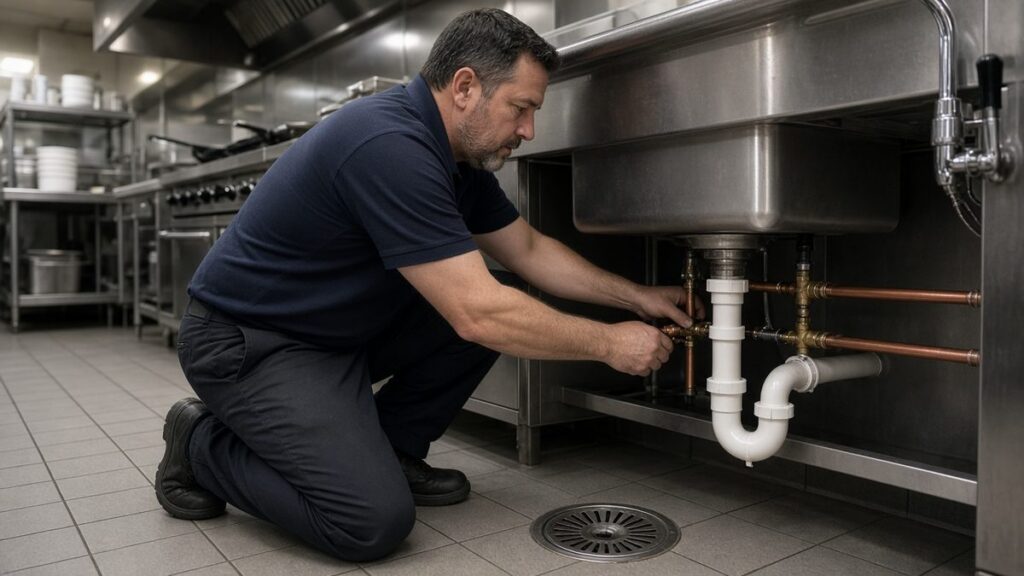 Nick's Plumbing technician inspecting the shutoff valves under a stainless commercial prep sink
