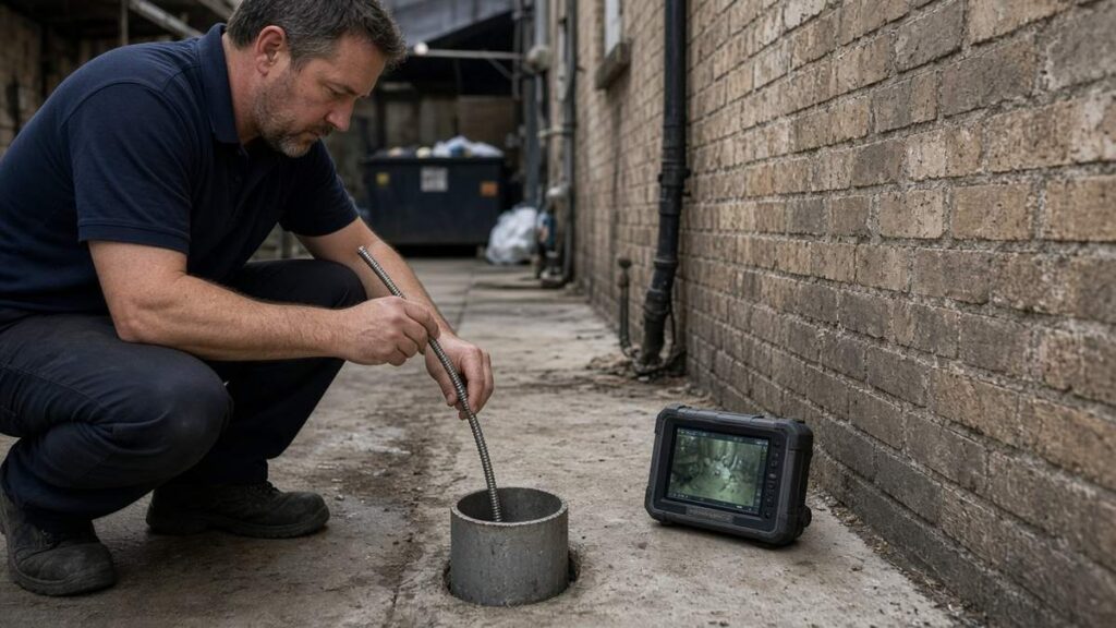 Nick's Plumbing technician feeding a sewer camera into the top of an alley cleanout behind a restaurant