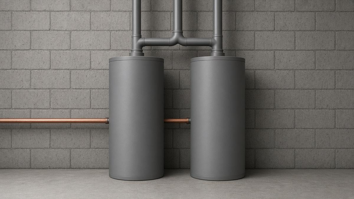 Two commercial water heaters piped together with connected manifolds in a mechanical room