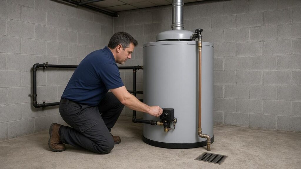 Nick's Plumbing technician checking a commercial gas water heater with the flue and gas line connected