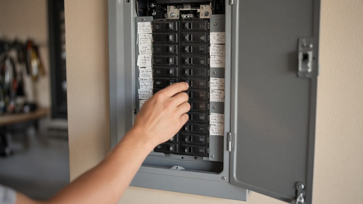 Homeowner checking the water heater breaker in a garage electrical panel