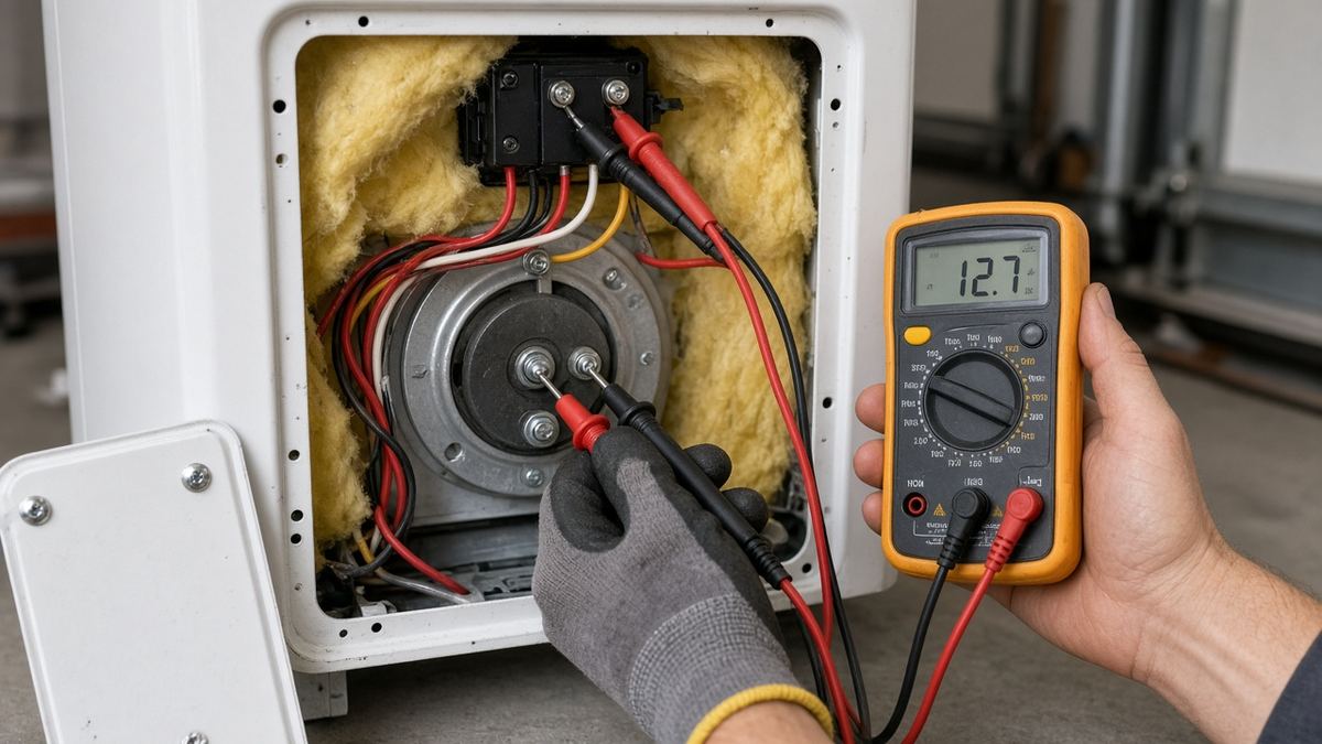 Plumber testing an electric water heater heating element with a multimeter