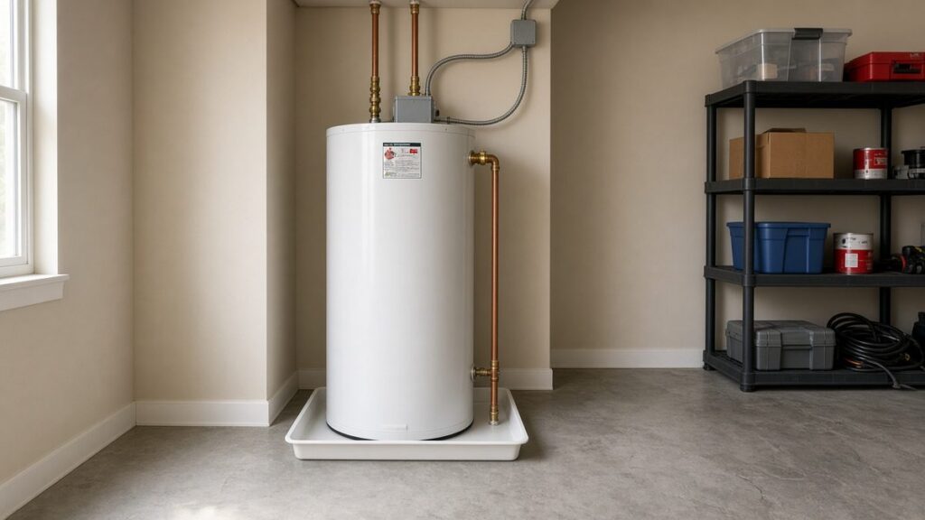 Electric tank water heater in a drain pan in the garage of a Houston home