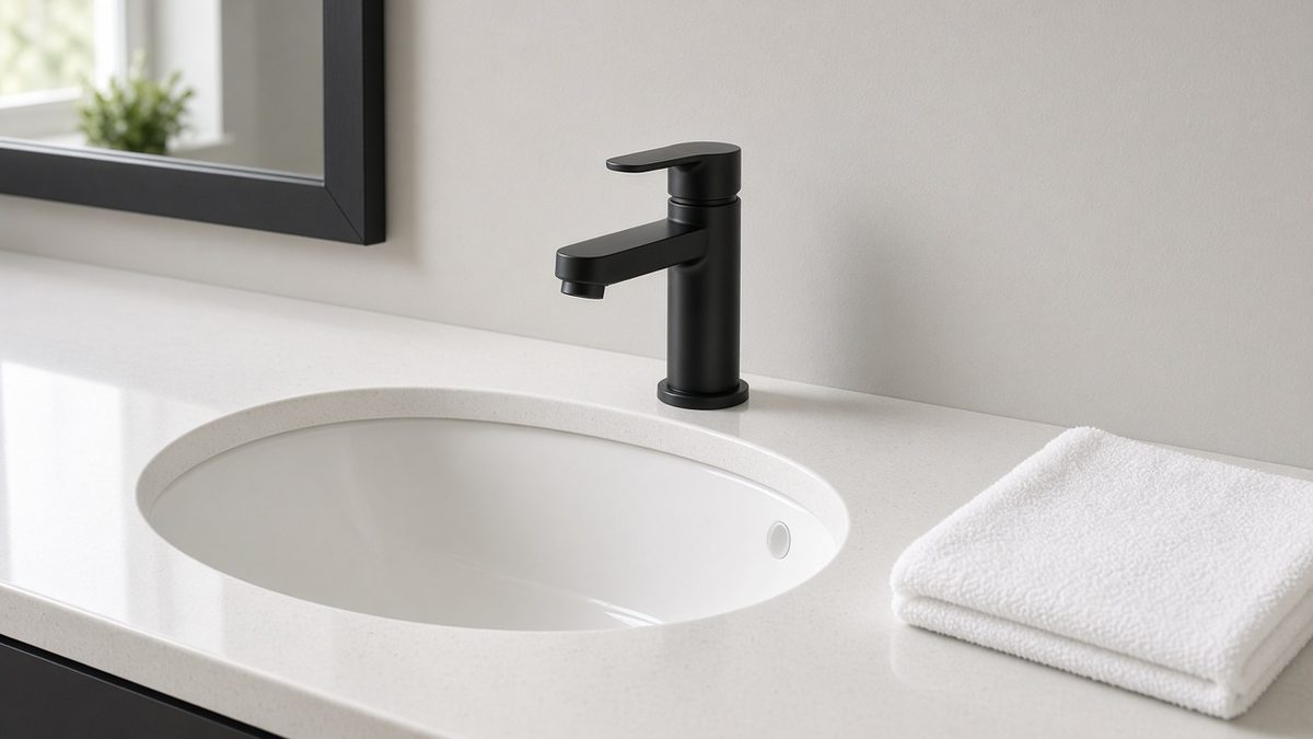 New matte black single-hole bathroom faucet on a white quartz vanity in a Houston home