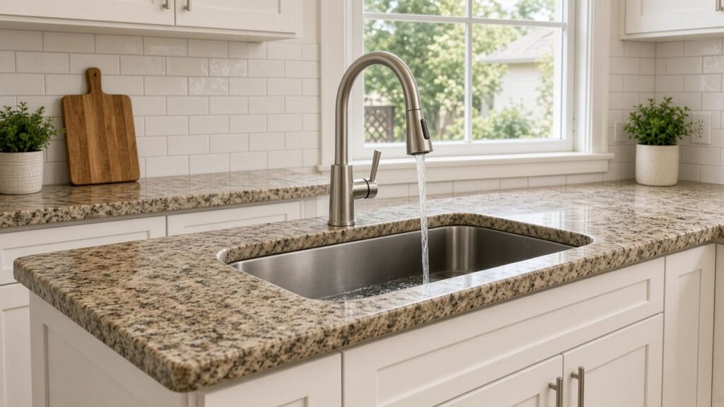 New brushed nickel pull-down kitchen faucet installed on a stainless sink in a Houston kitchen