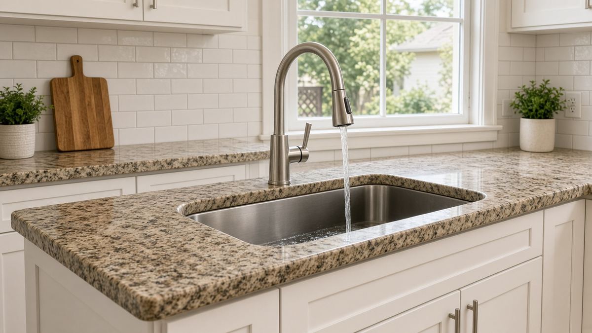 New brushed nickel pull-down kitchen faucet installed on a stainless sink in a Houston kitchen
