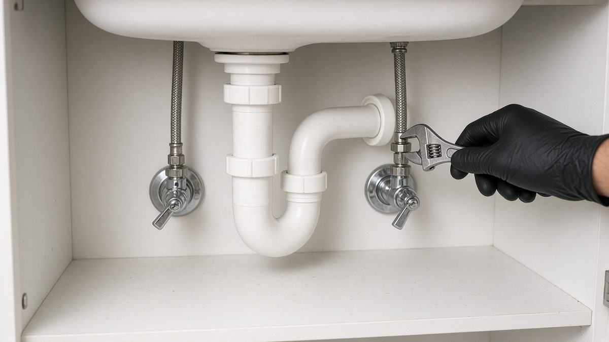 Plumber tightening a braided stainless supply line to a chrome shutoff valve under a sink