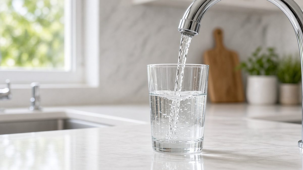 Glass being filled with clear filtered water at a kitchen faucet
