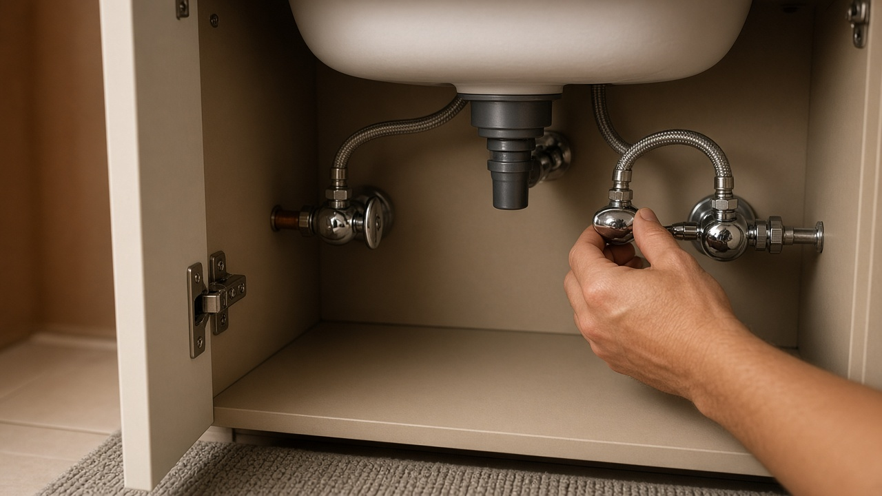 Hand turning a small shutoff valve on the supply line under a bathroom sink