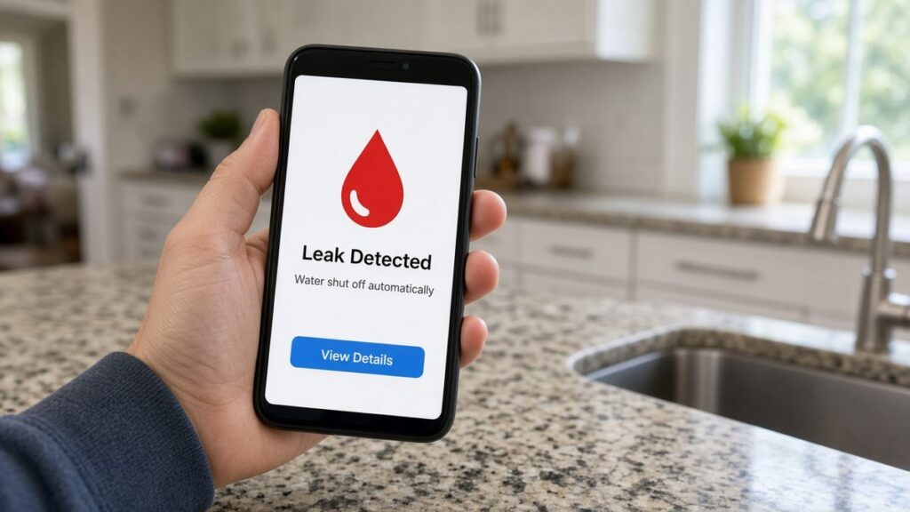 Homeowner holding a smartphone showing a leak detected alert in a Houston kitchen