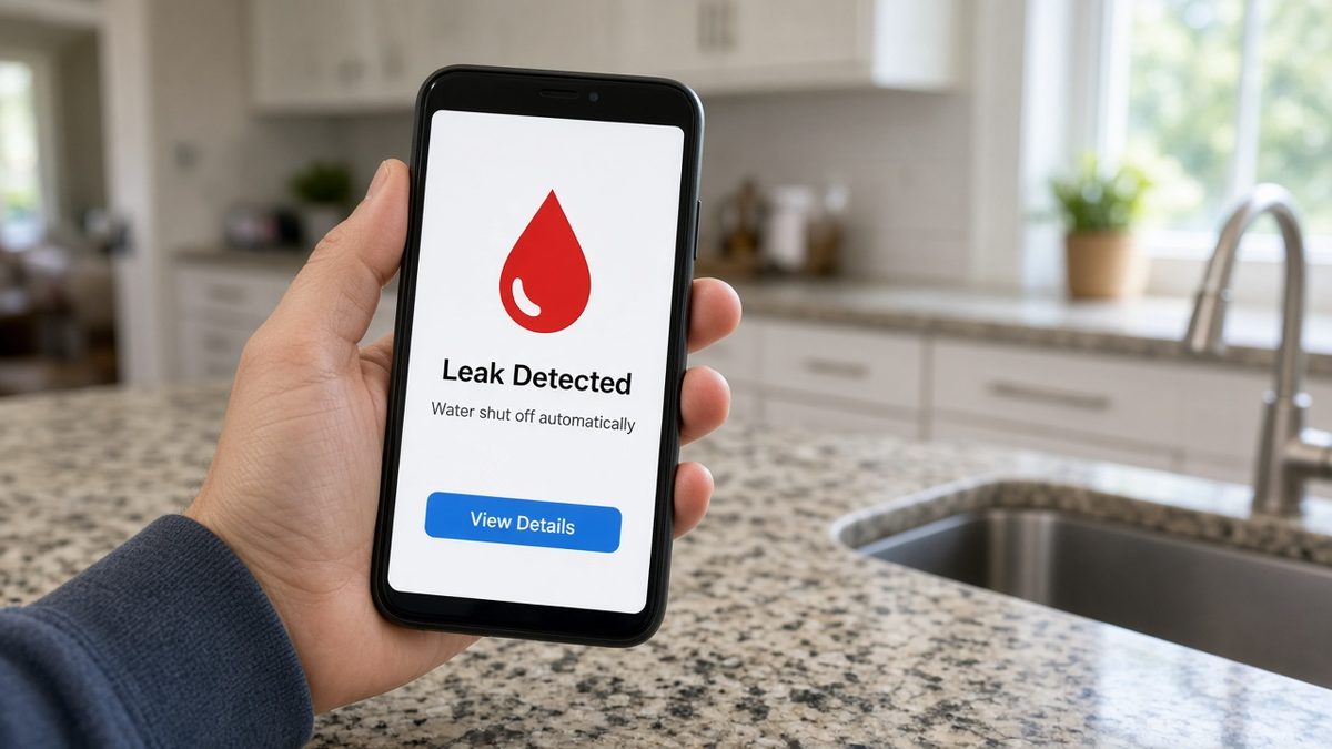 Homeowner holding a smartphone showing a leak detected alert in a Houston kitchen