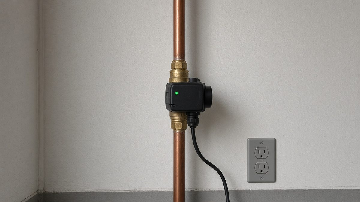 Smart water shutoff valve installed on the copper main water line in a Houston garage