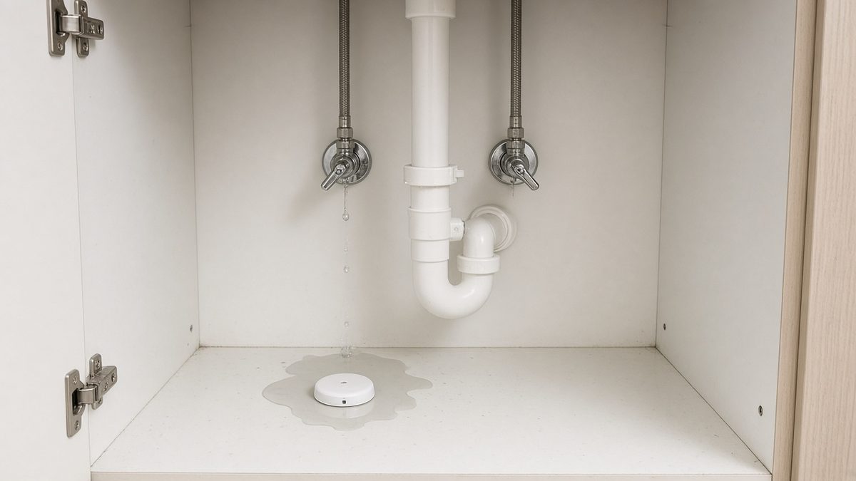 Wireless water leak sensor detecting a drip under a kitchen sink
