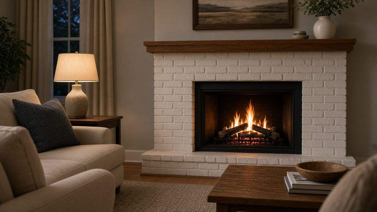 Gas log fireplace burning in a Houston living room