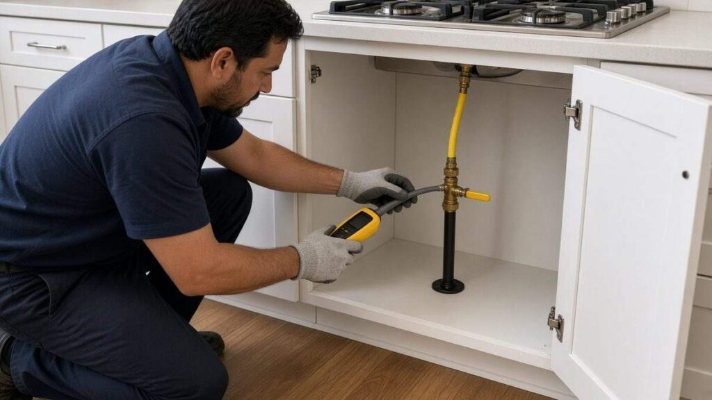 Nick's Plumbing technician using an electronic gas leak detector at a gas shutoff valve under a kitchen cooktop