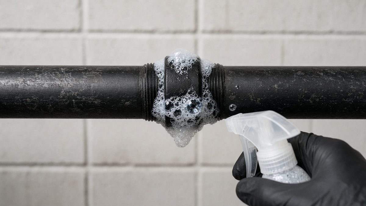 Soap bubbles forming on a leaking threaded gas pipe fitting during a leak test