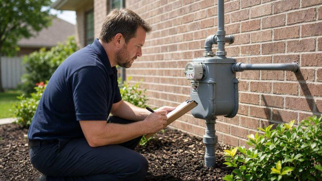 Nick's Plumbing technician inspecting a residential gas meter outside a Houston home