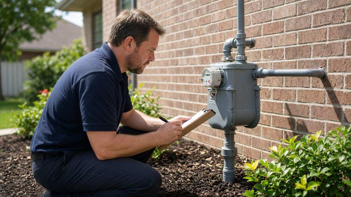 Nick's Plumbing technician inspecting a residential gas meter outside a Houston home