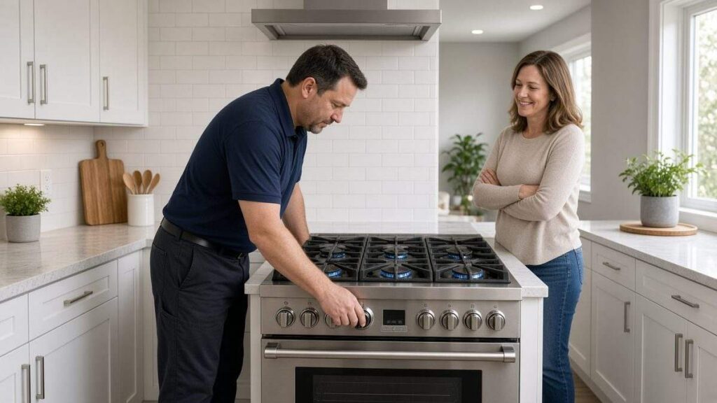 Nick's Plumbing technician testing a newly connected gas range in a Houston kitchen