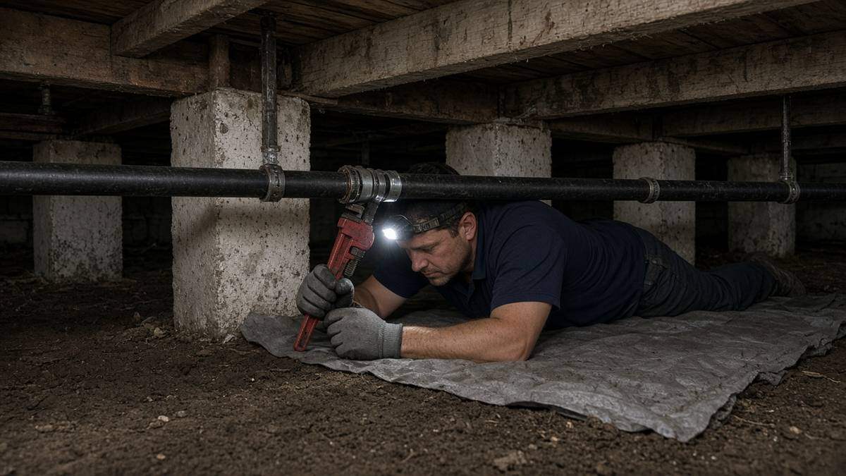 Nick's Plumbing technician repairing a gas pipe in the crawlspace of a Houston pier and beam home
