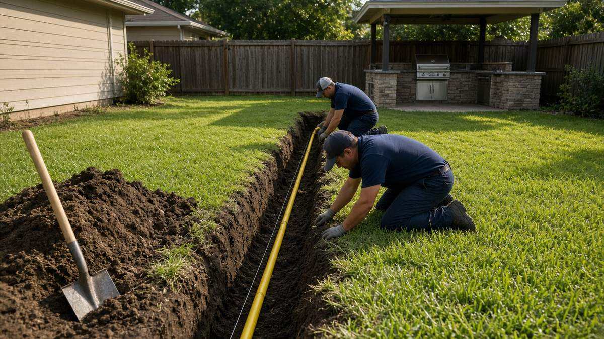 Nick's Plumbing crew laying new yellow polyethylene gas pipe in a backyard trench in Houston