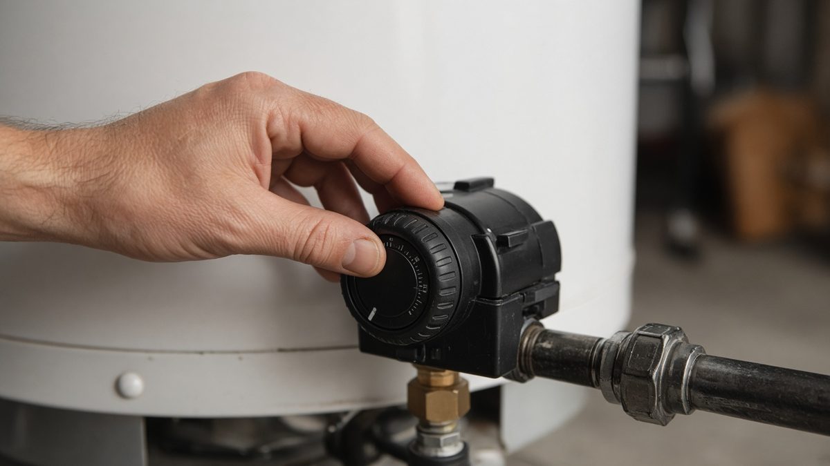 Hand adjusting the temperature dial on a gas water heater control valve
