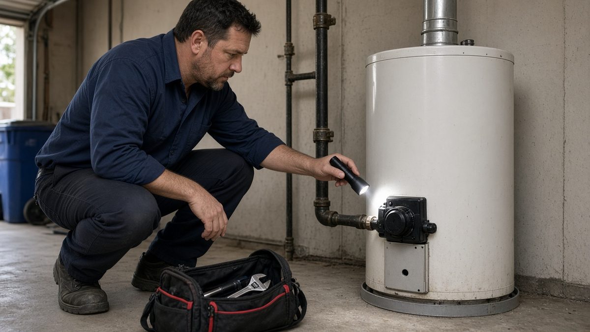 Nick's Plumbing technician inspecting the gas control valve on a gas water heater in a Houston garage
