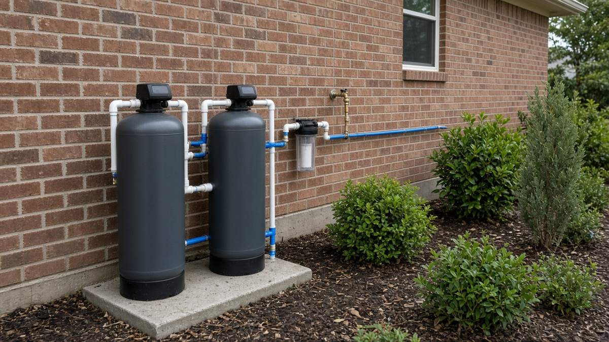 Whole-house water filtration system installed on the exterior wall of a Houston home
