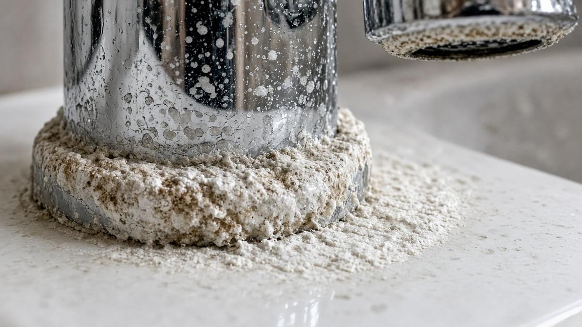 Heavy hard water limescale buildup around the base of a chrome faucet