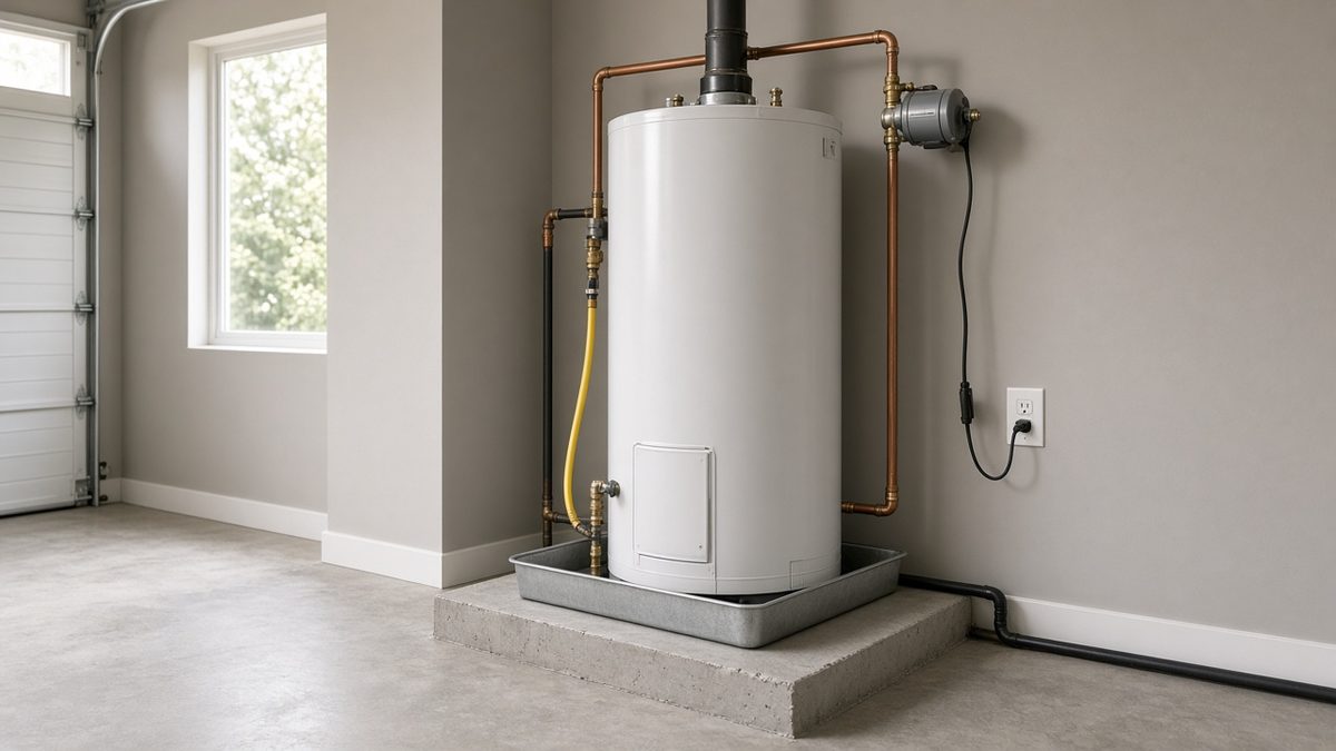 Hot water recirculation pump installed on the hot water line of a tank water heater in a Houston garage