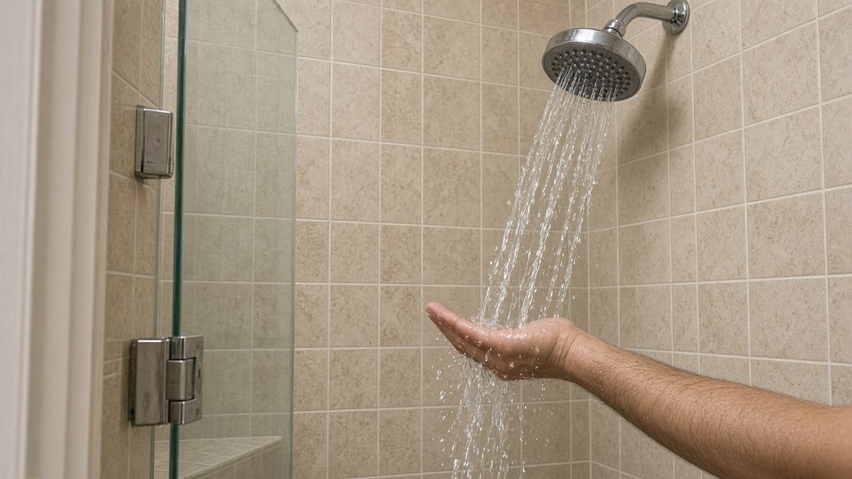 Hand testing shower water that has run cold because the water heater cannot keep up