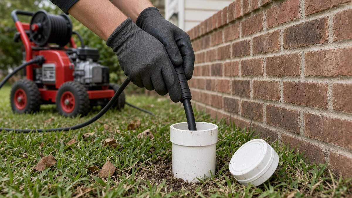 Nick's Plumbing technician feeding a hydro jetting hose into a sewer cleanout at a Houston home