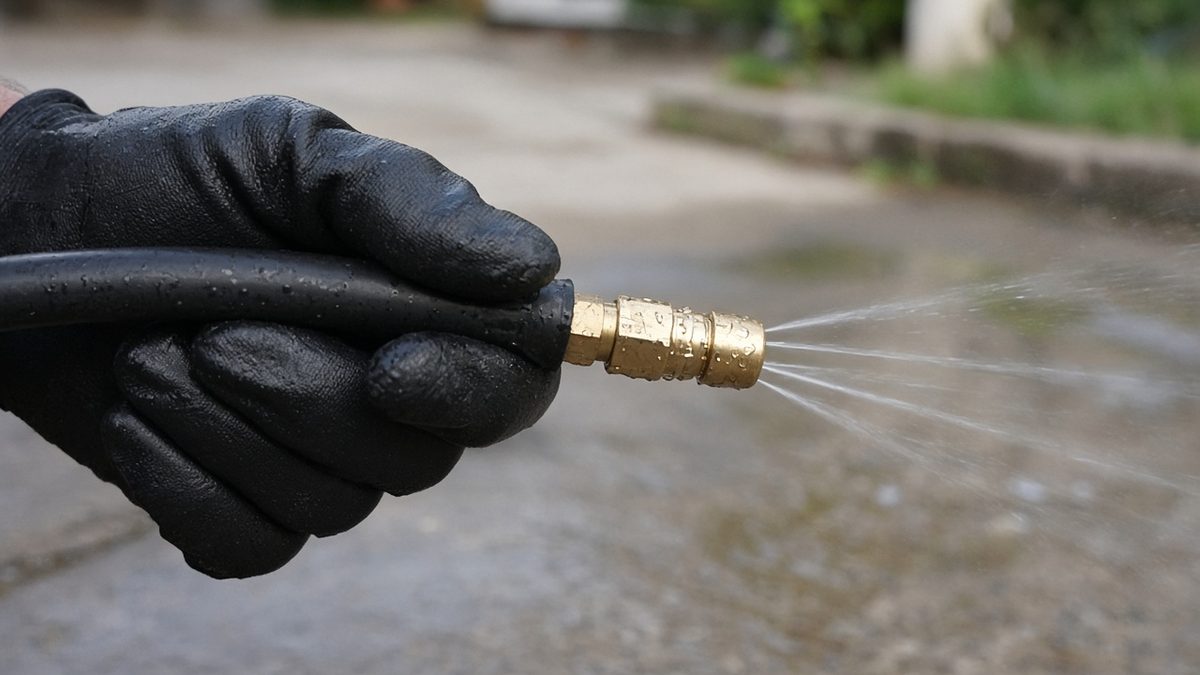 High-pressure hydro jetting nozzle spraying water from the end of a jetter hose