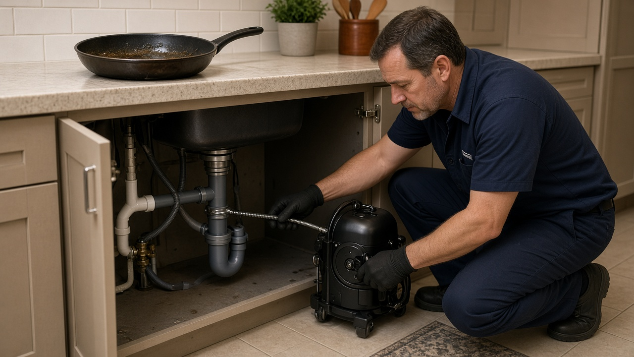 Licensed plumber clearing a kitchen sink drain before holiday cooking in a Houston home