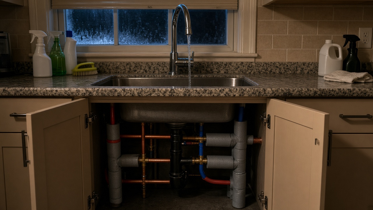 Open kitchen sink cabinet with insulated supply pipes and a faucet trickling water during a Houston freeze