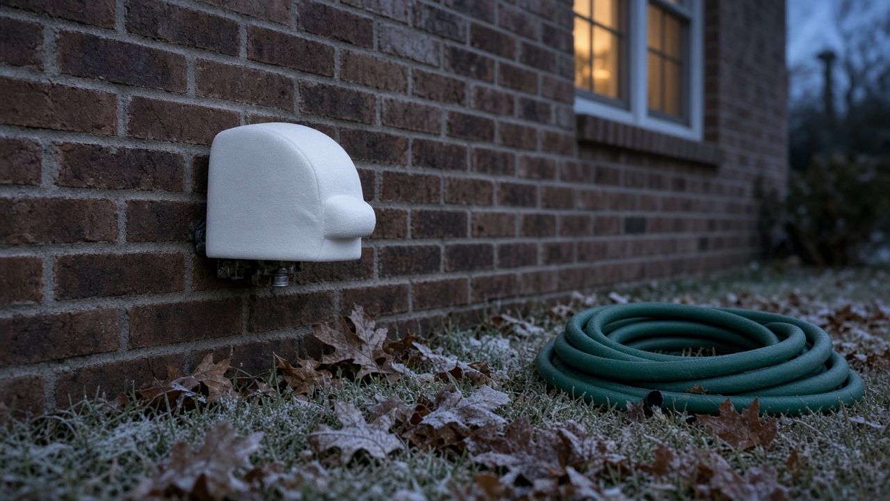 Insulated faucet cover on an outdoor hose bib of a Houston brick home with the garden hose disconnected before a freeze