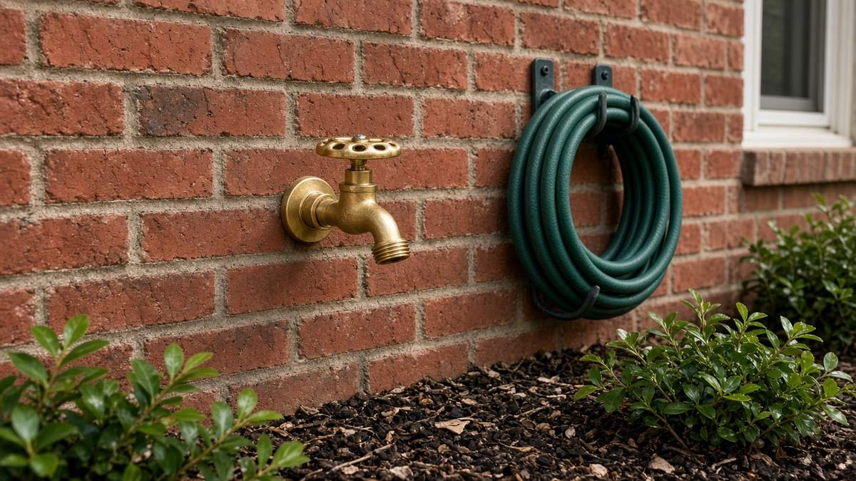 New brass outdoor hose bib on the brick wall of a Houston home with a coiled garden hose