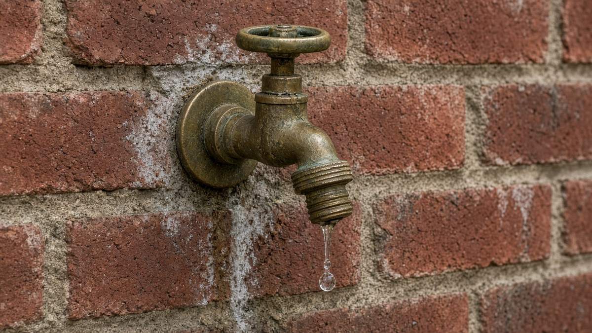 Old corroded outdoor spigot dripping water on the brick wall of a Houston home