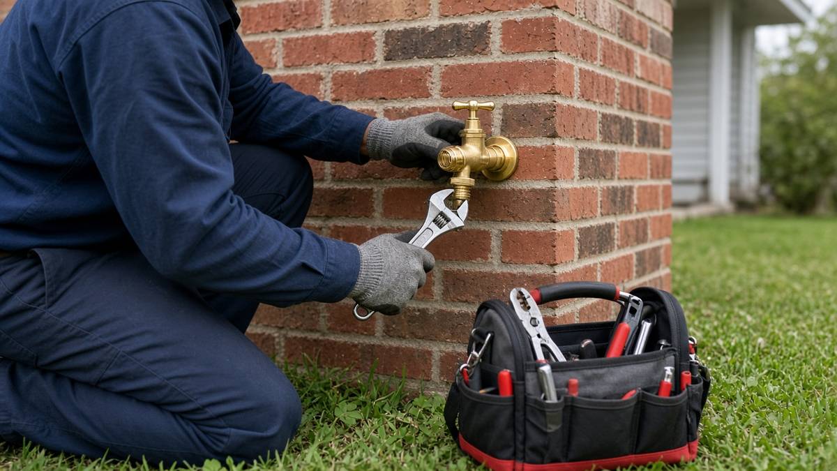 Nick's Plumbing technician installing a new brass outdoor faucet on a brick wall