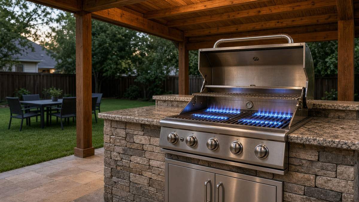 Built-in natural gas grill in a stone outdoor kitchen on a Houston patio