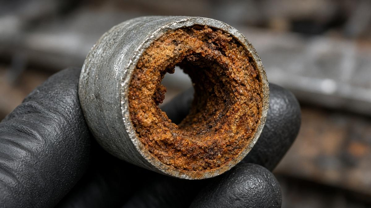 Cross section of old galvanized water pipe clogged with rust and mineral buildup