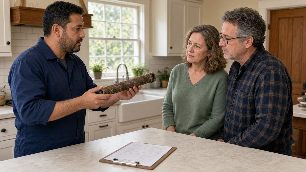 Nick's Plumbing technician showing Houston homeowners a corroded galvanized pipe during a repipe consultation