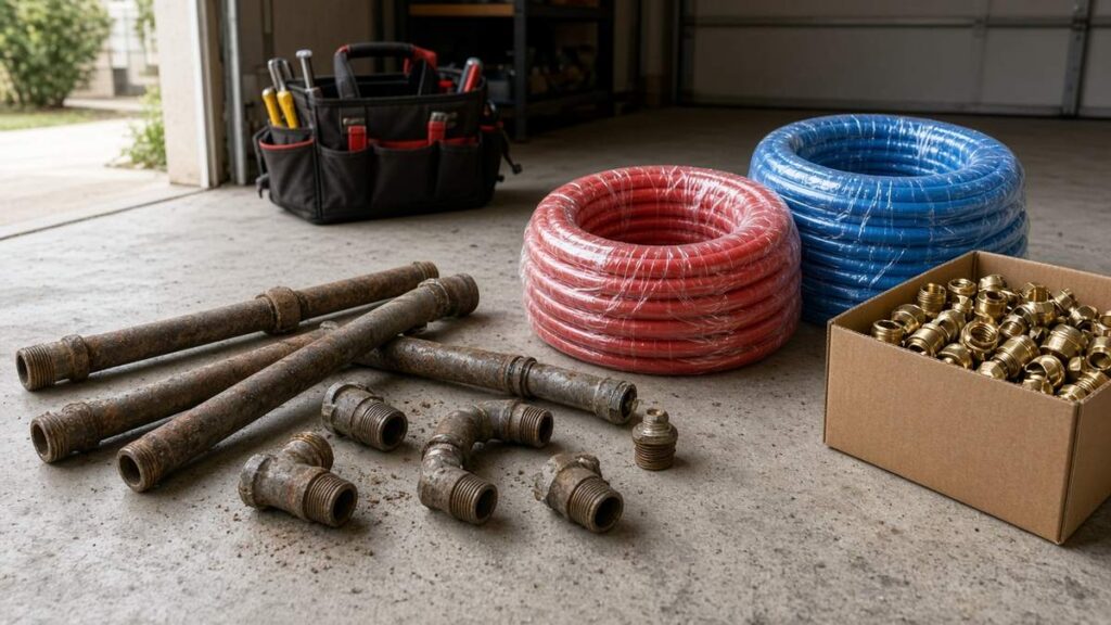 Old corroded galvanized pipes removed next to new red and blue PEX tubing for a Houston whole house repipe
