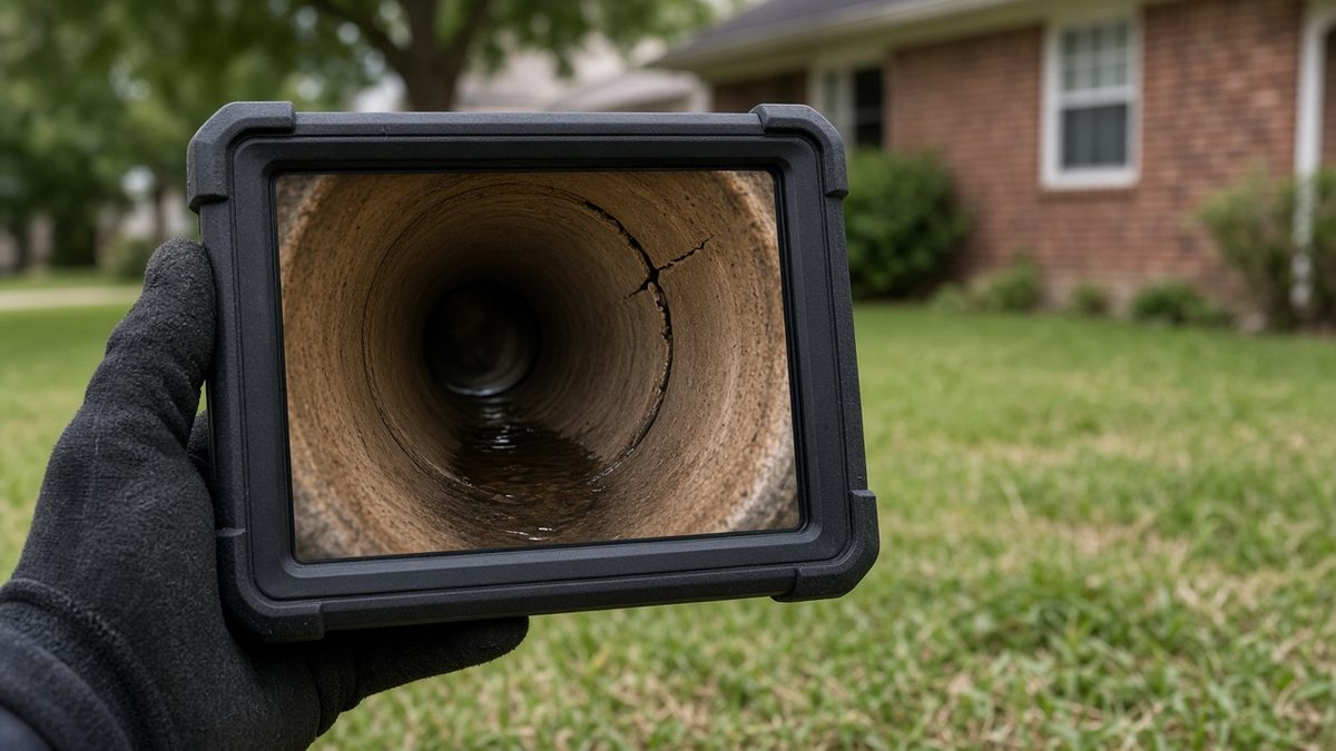 Sewer camera monitor showing a cracked joint inside a clay pipe