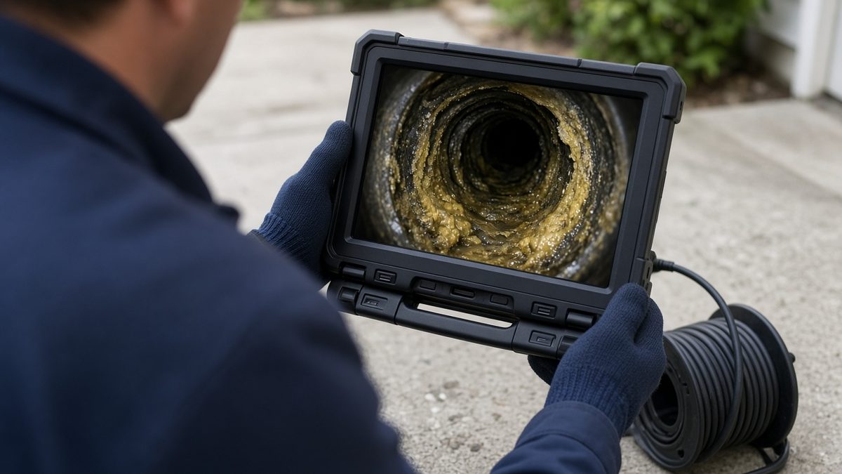 Sewer camera monitor showing heavy grease buildup inside a drain pipe