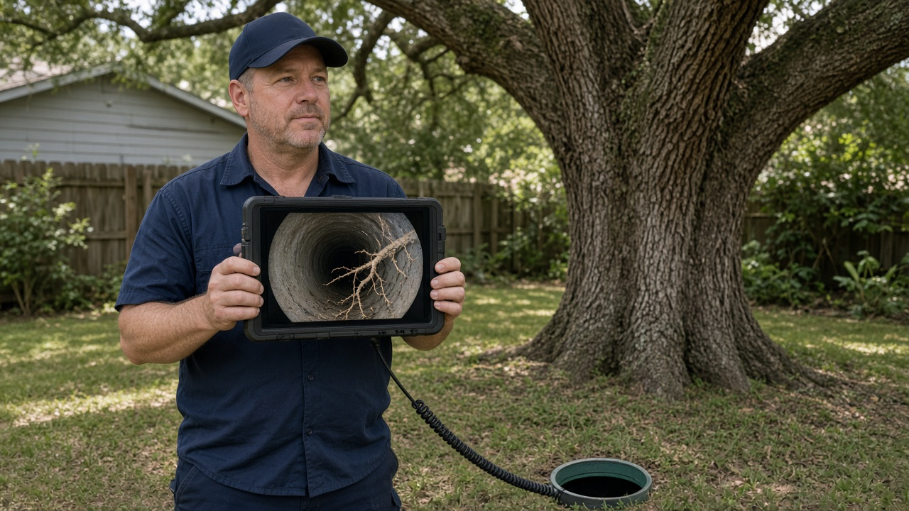 Plumber running a sewer camera beside an oak tree in a Houston backyard