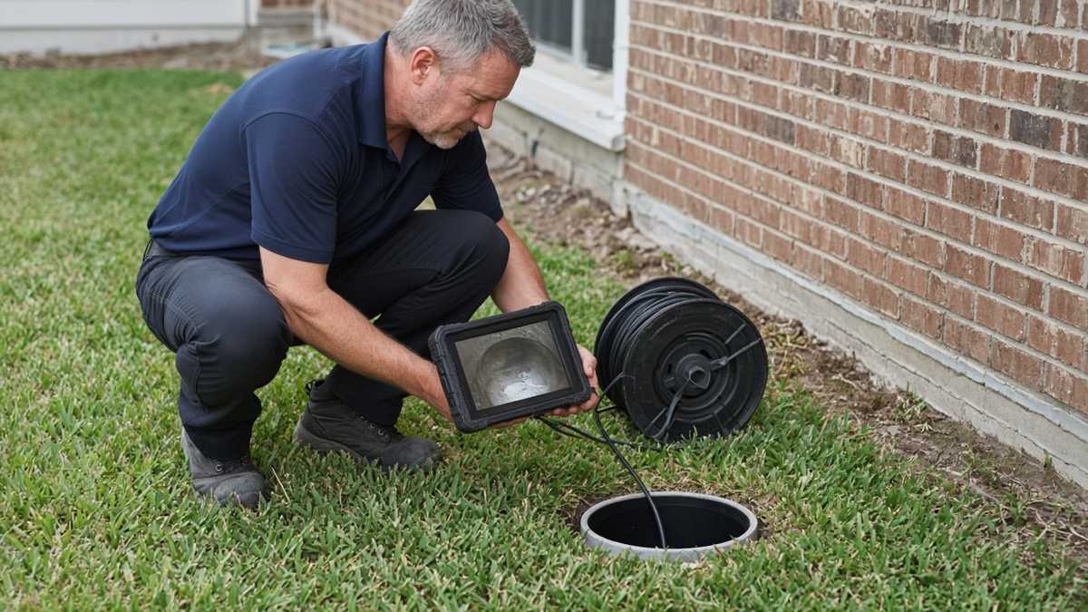 Nick's Plumbing technician running a sewer camera from a cleanout to find a leak