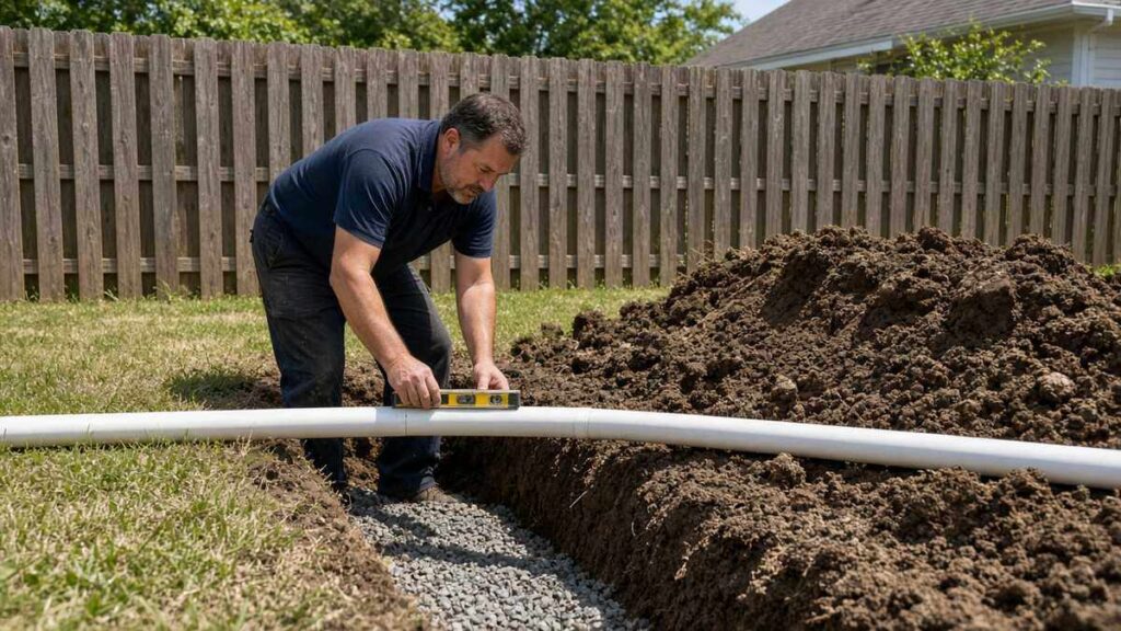 Nick's Plumbing technician checking the slope of a new PVC sewer pipe in a gravel-lined trench